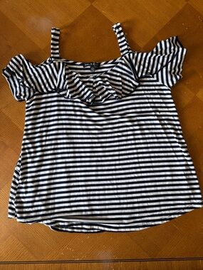 Cable and Gauge Navy and White Striped Cold-Shoulder Ruffle Cami